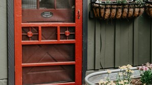 A red door with a glass panel, a metal doormat, and a window with a hanging flower basket.