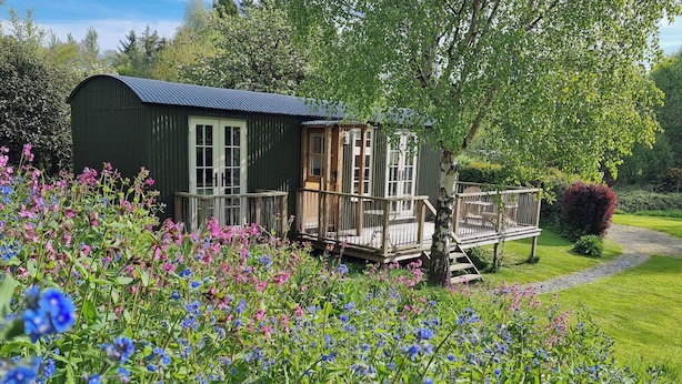 A rustic wooden cabin with a porch, surrounded by a lush garden with various flowers.