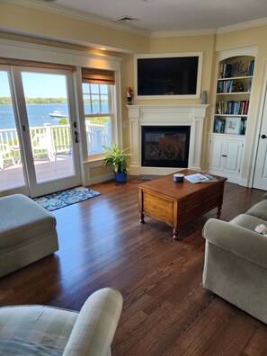 Smart TV, fireplace, books