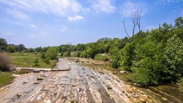 A natural landscape with a rocky riverbed, dense greenery, and a clear sky.