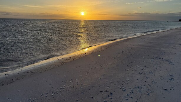 A beach with a sunset over the ocean, calm waters, and a sandy shore. - Boutique Stay: Near Beach,  PSP4, Billiard or PingPong, Fire Pit, Private Yard (New Port Richey)