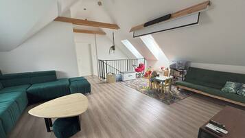 Smart TV, video games, video library, stereo