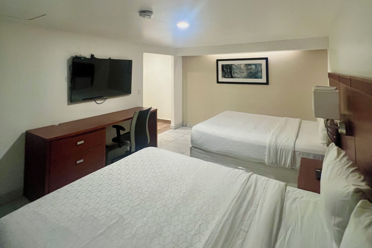 A hotel room with two beds, a desk, a chair, a television, and a framed picture on the wall.