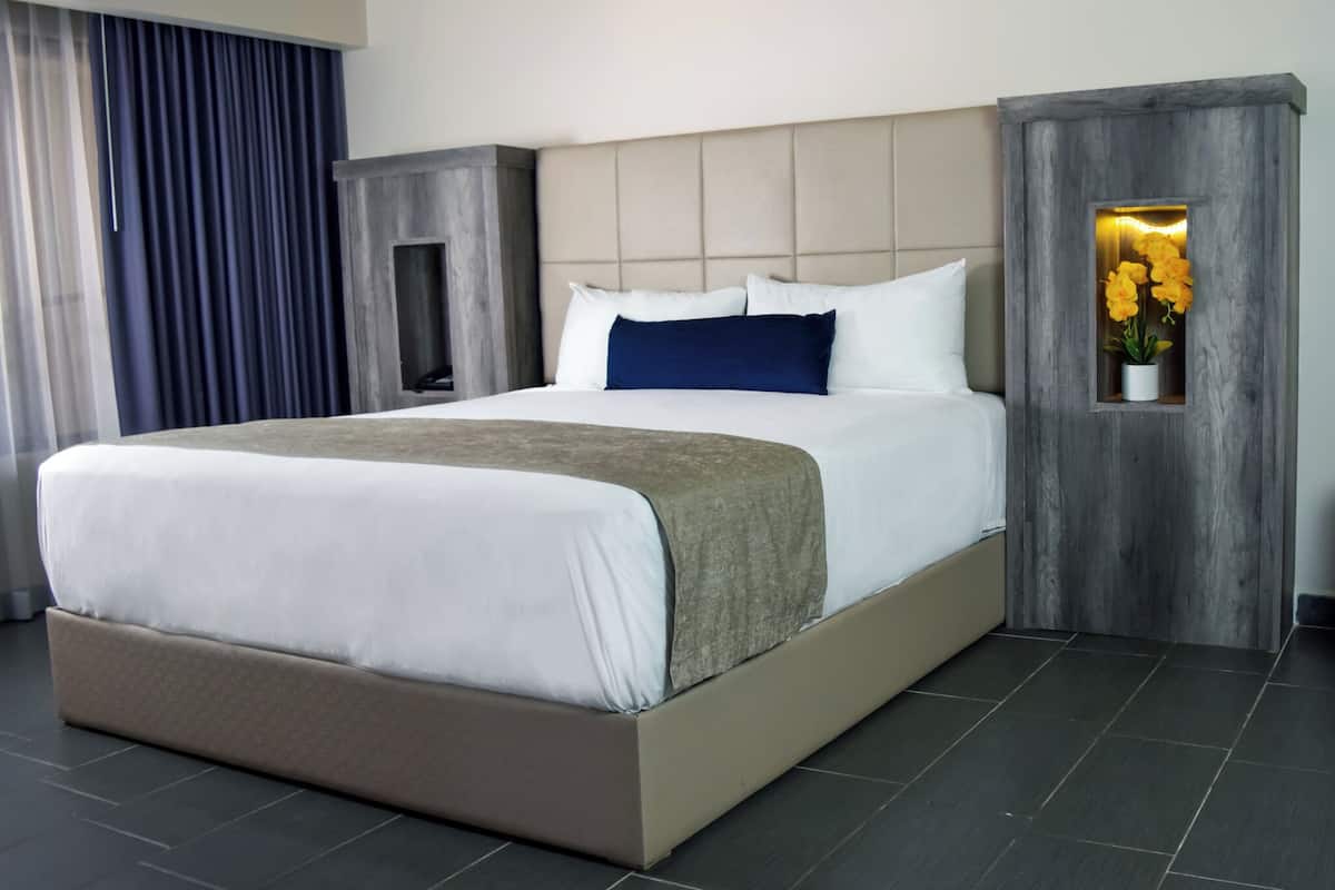A modern hotel room with a large bed, a built-in TV, and a small plant on the nightstand.