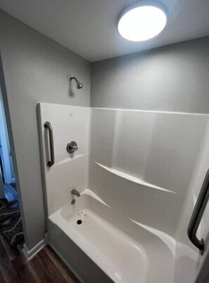 Shower, towels, soap, toilet paper