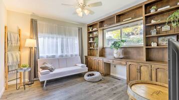 TV, fireplace, video-game console, table tennis