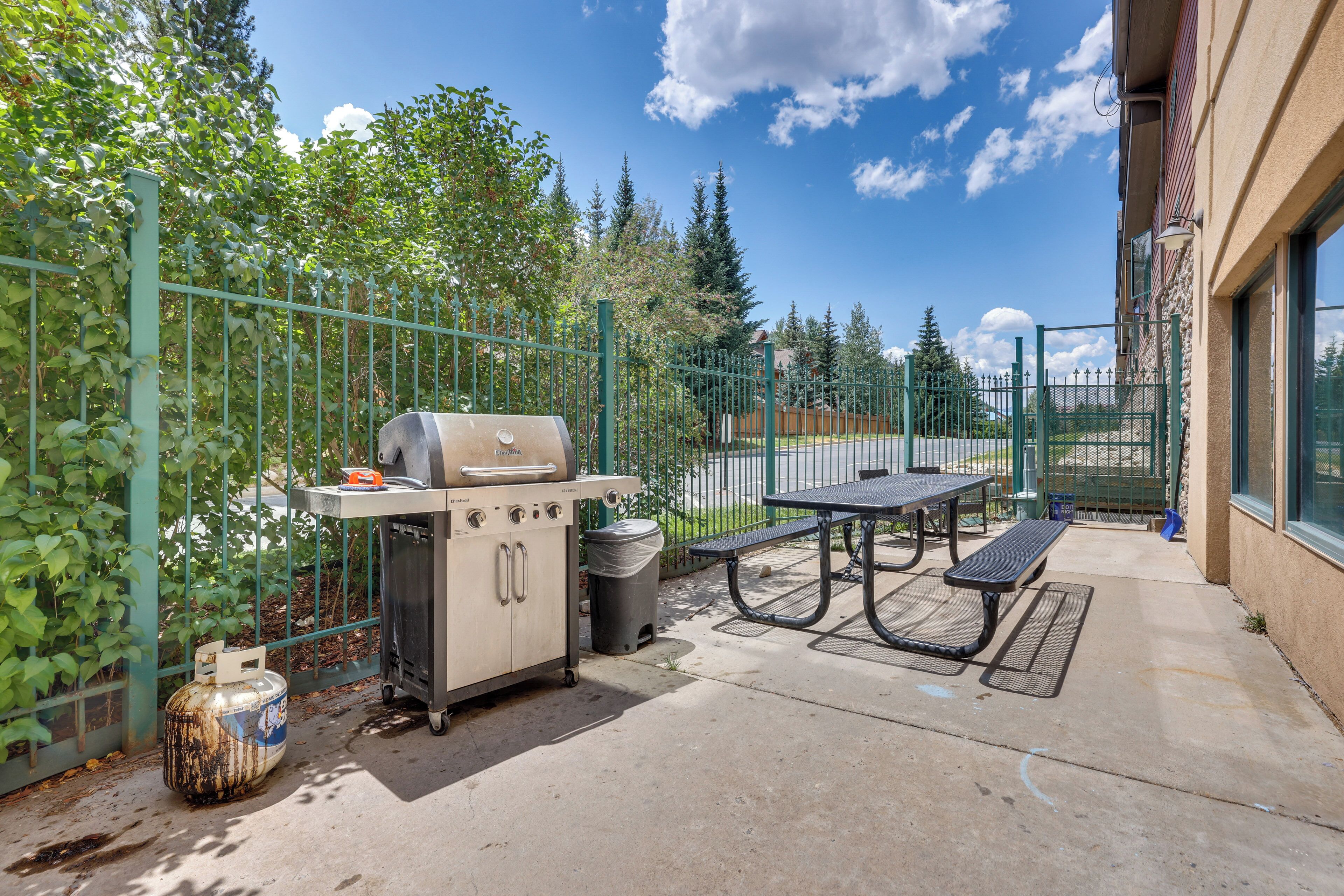 Une terrasse extérieure équipée d’un barbecue, d’une table de pique-nique et d’une poubelle.