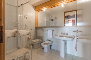 Shower, hair dryer, bidet, towels
