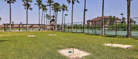 Une zone herbeuse avec des palmiers et un court de tennis entouré d’une clôture.
