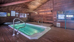 A wooden interior with a hot tub, wooden walls, and a window. - Brian Head Ski-in/ski-out Condo w/ Resort Perks! (Brian Head)