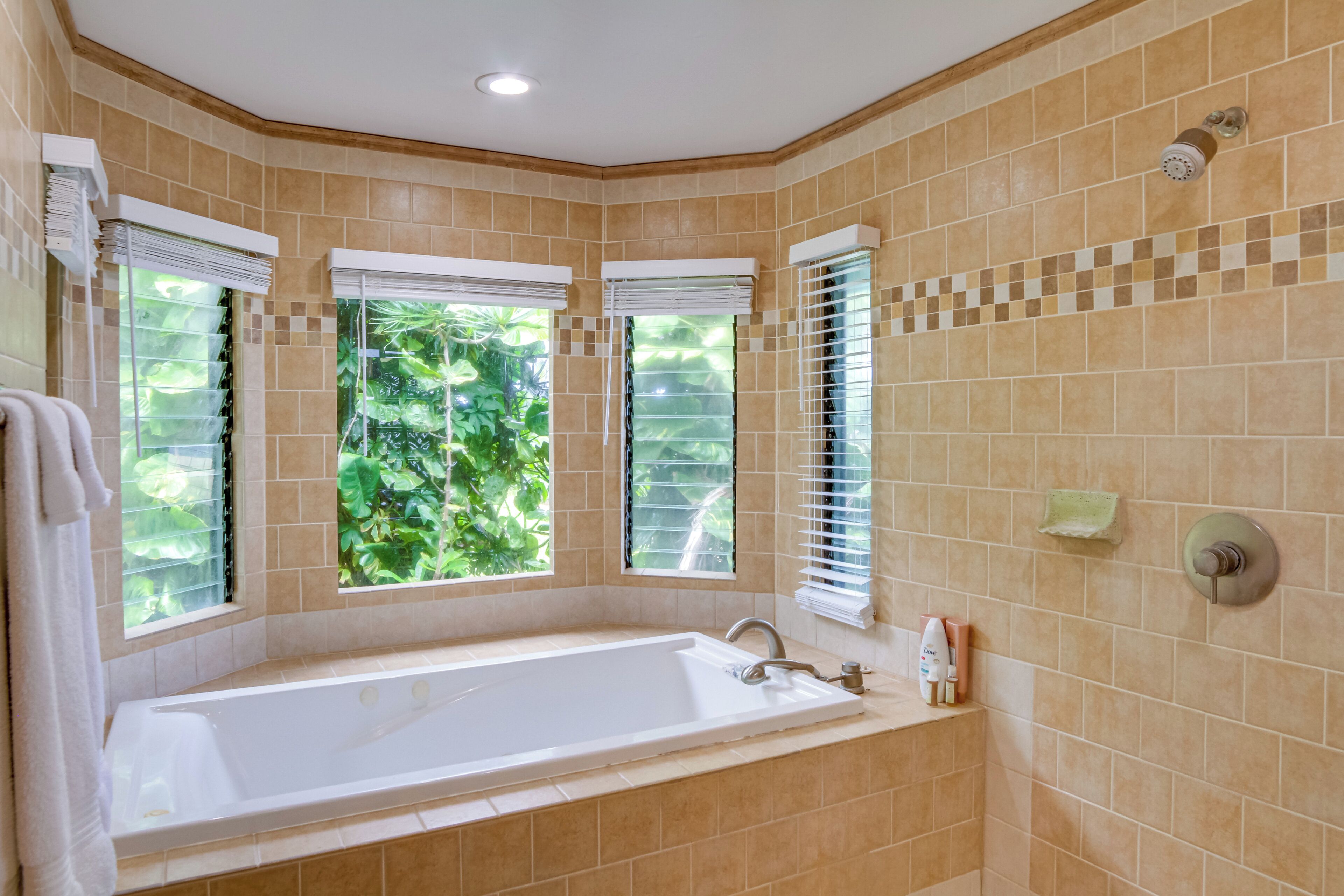Ein Badezimmer mit einer Badewanne, zwei Fenstern mit Jalousien und einer Duschbrause.