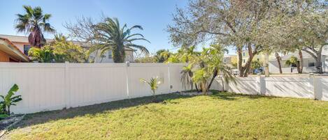 A backyard with a white fence, grass, and palm trees.