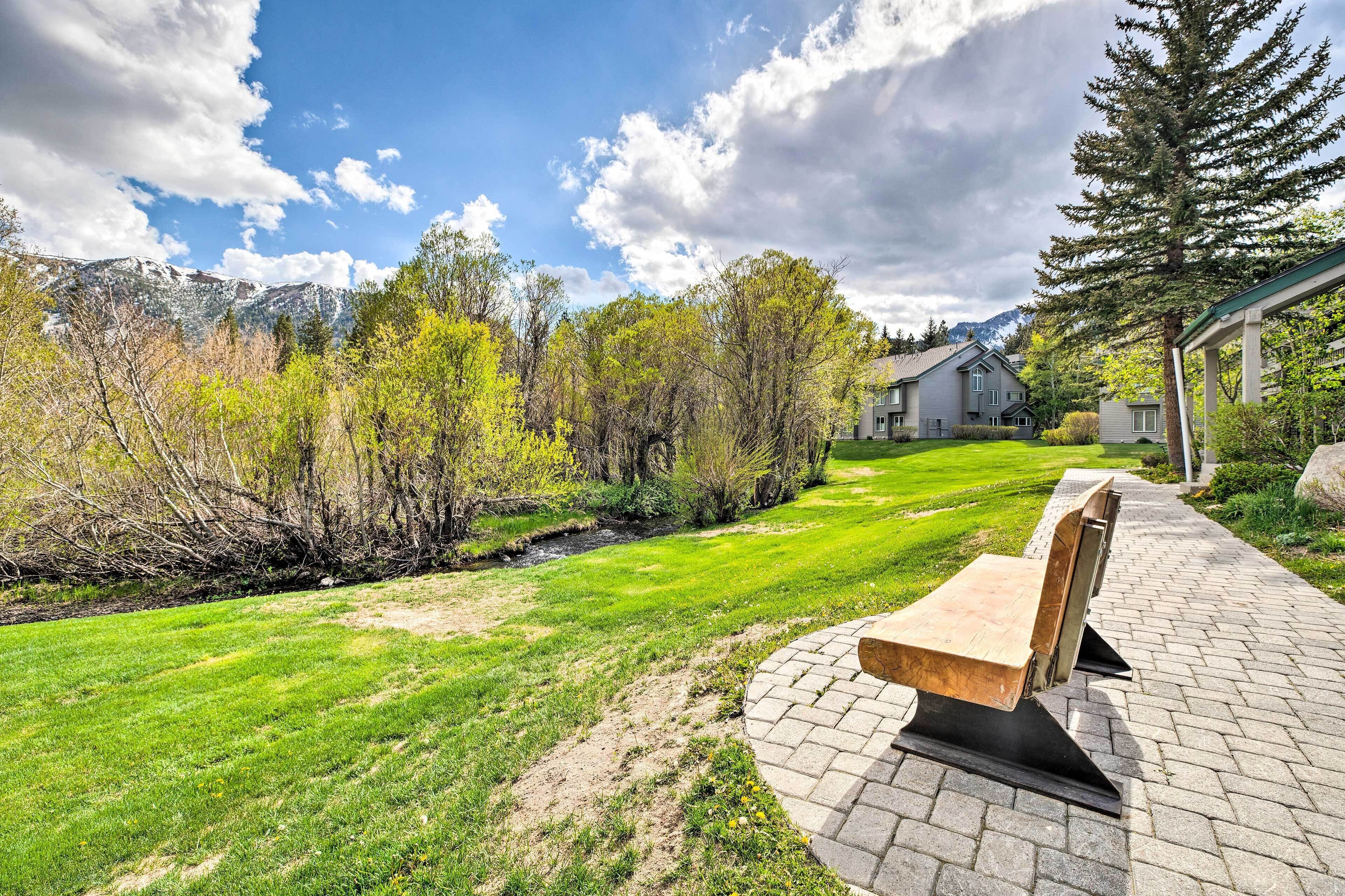 A paved outdoor area with a bench, a grassy lawn, and a backdrop of trees and mountains.