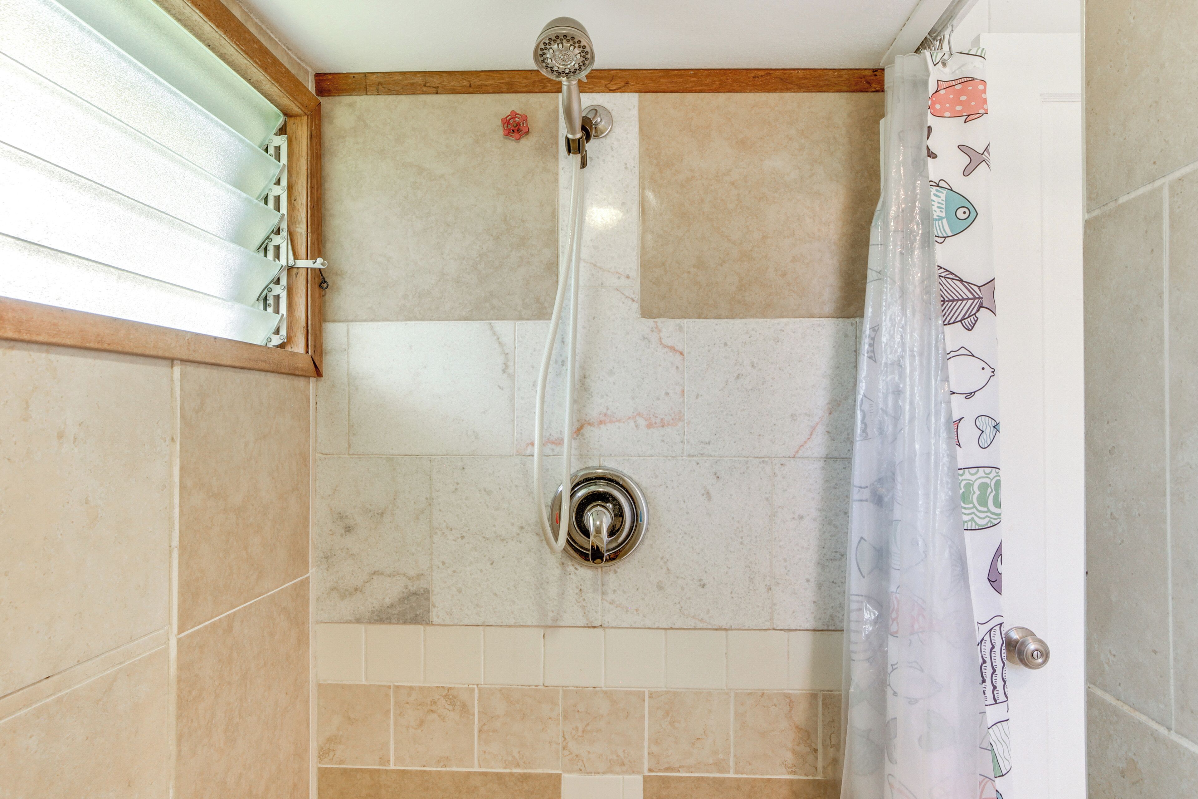 Une douche équipée d’un pommeau de douche à main, d’un robinet mural et d’un rideau de douche orné de motifs de poissons.