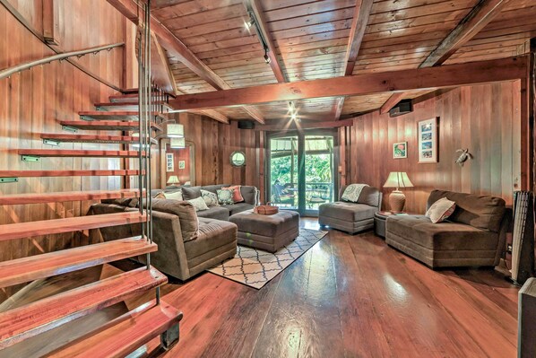 House (2 Bedrooms) | Living area | TV, books - Tropical Cabana w/ Deck, Hot Tub & Lush Scenery! (Keaau)