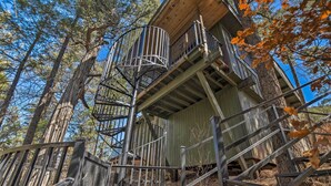 Uma escadaria em espiral leva a uma cabana de madeira com corrimão de metal, rodeada por árvores altas e folhas de outono.
