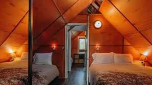 Quarto de sótão acolhedor com duas camas, paredes de madeira e um claraboia.