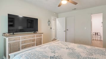 A bedroom with a bed, a TV on a dresser, a ceiling fan, and a door.
