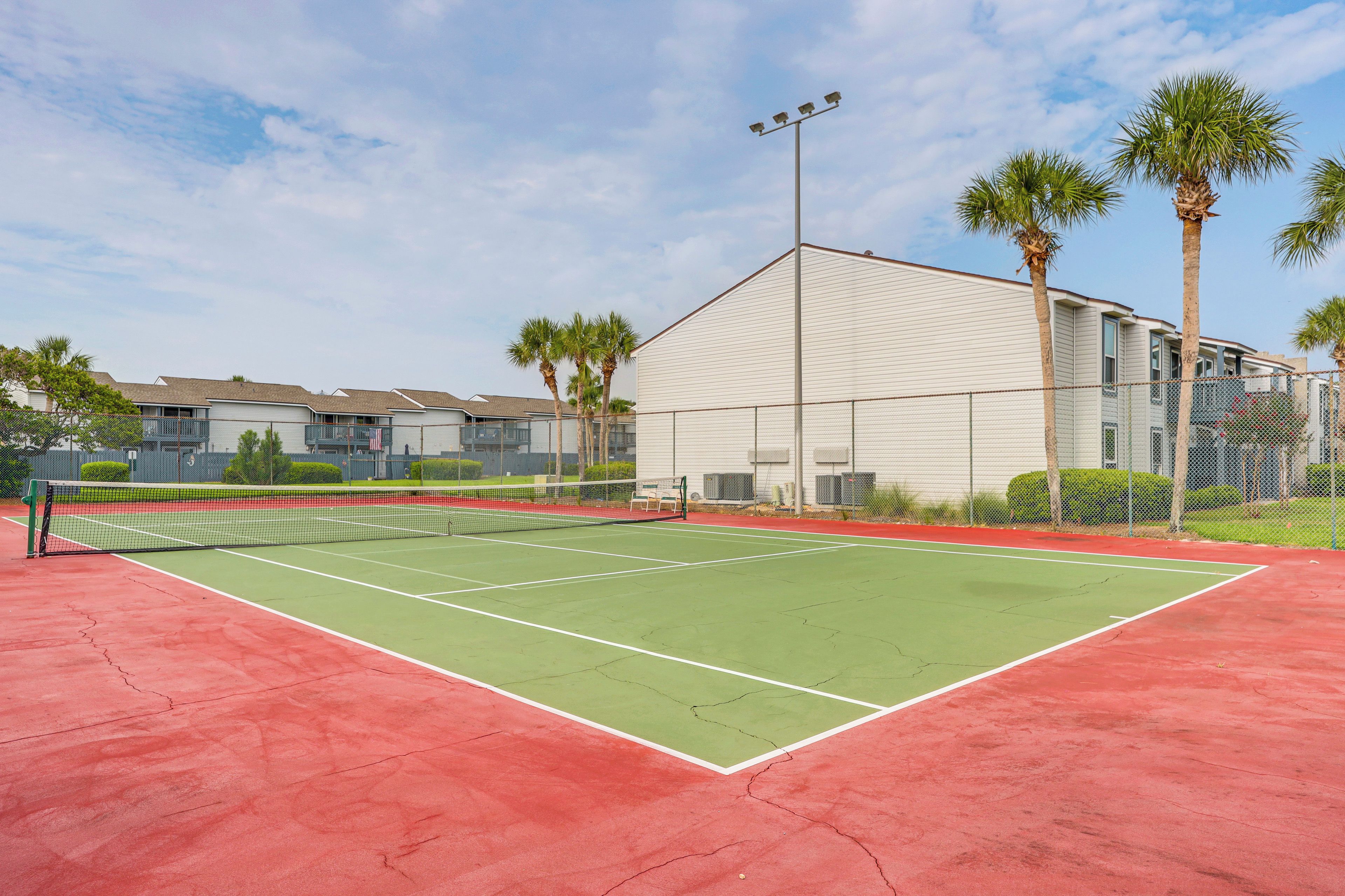 Un court de tennis avec un filet, entouré d’une clôture en treillis métallique, et des palmiers en arrière-plan.