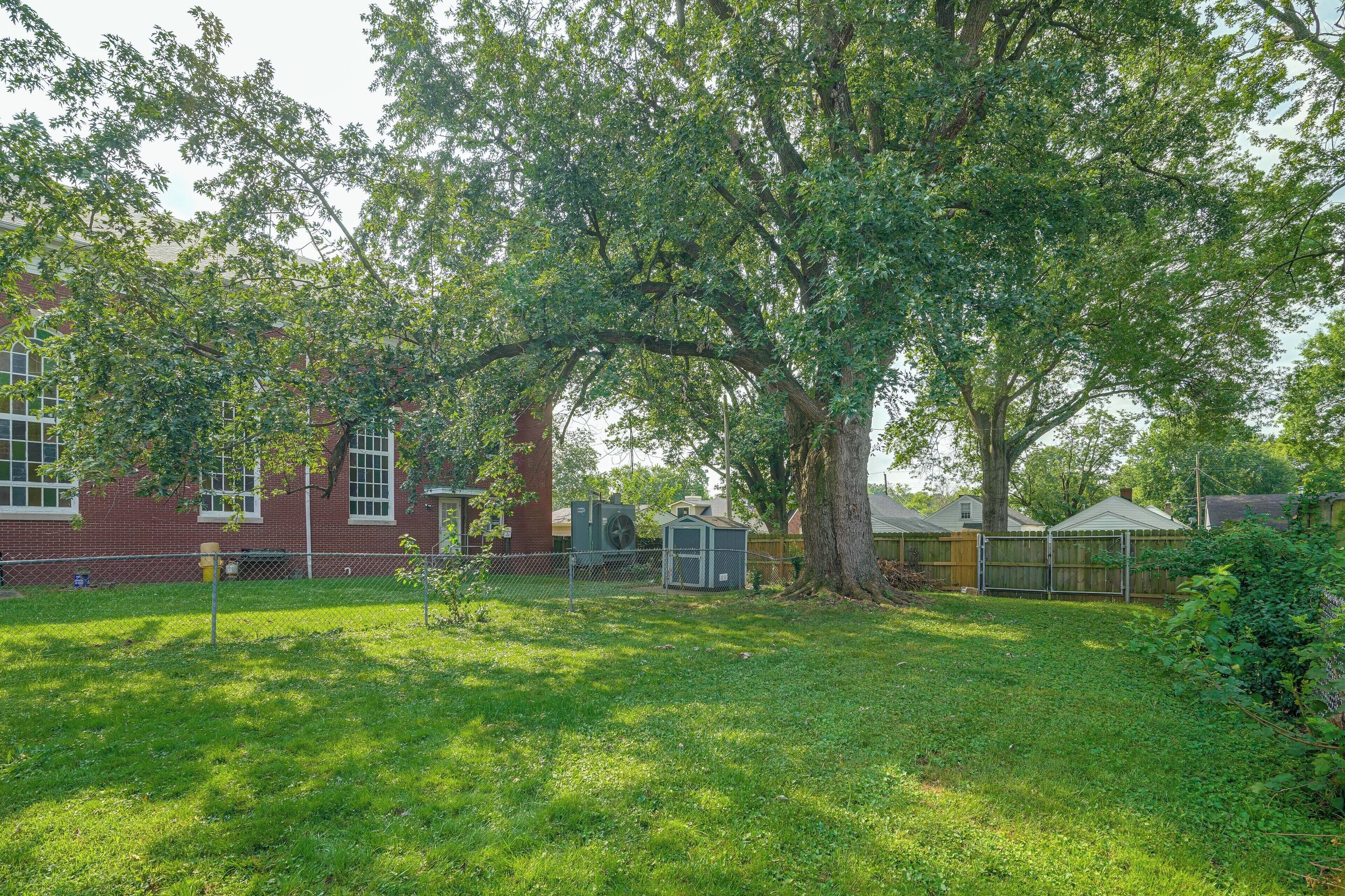 A fenced backyard with a large tree, a brick building, and a utility shed.