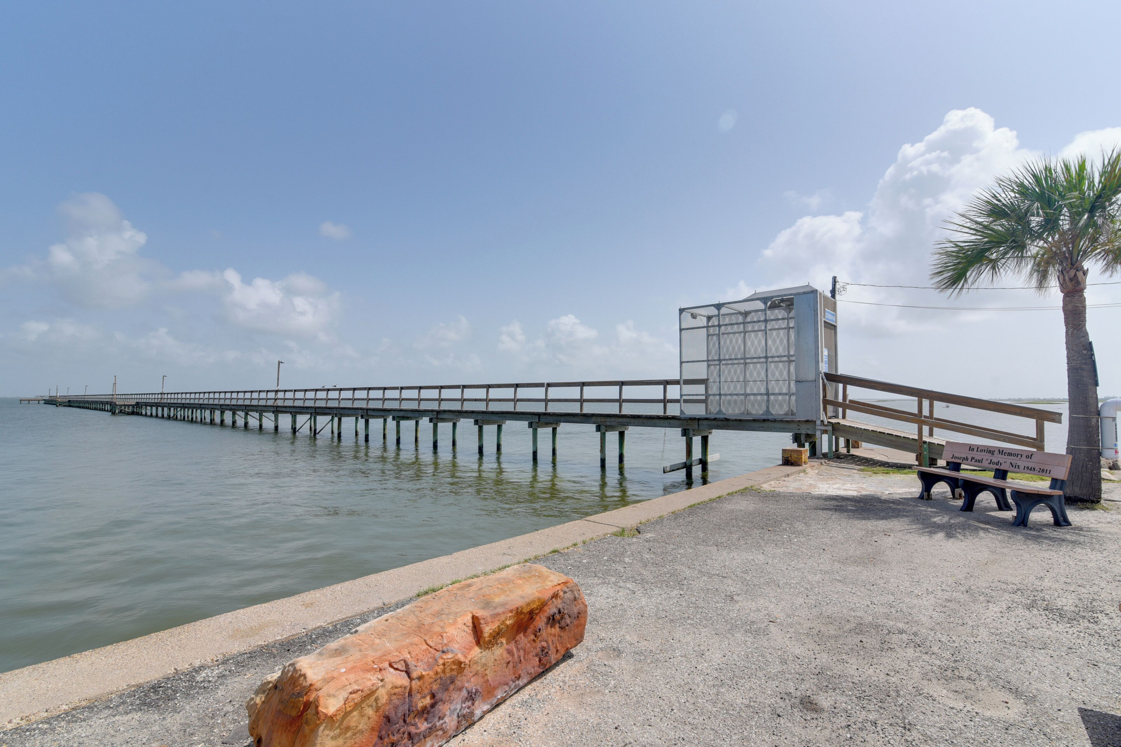 Eine Pier, die sich über ruhiges Wasser erstreckt, eine Bank mit einer Gedenktafel und eine Palme.