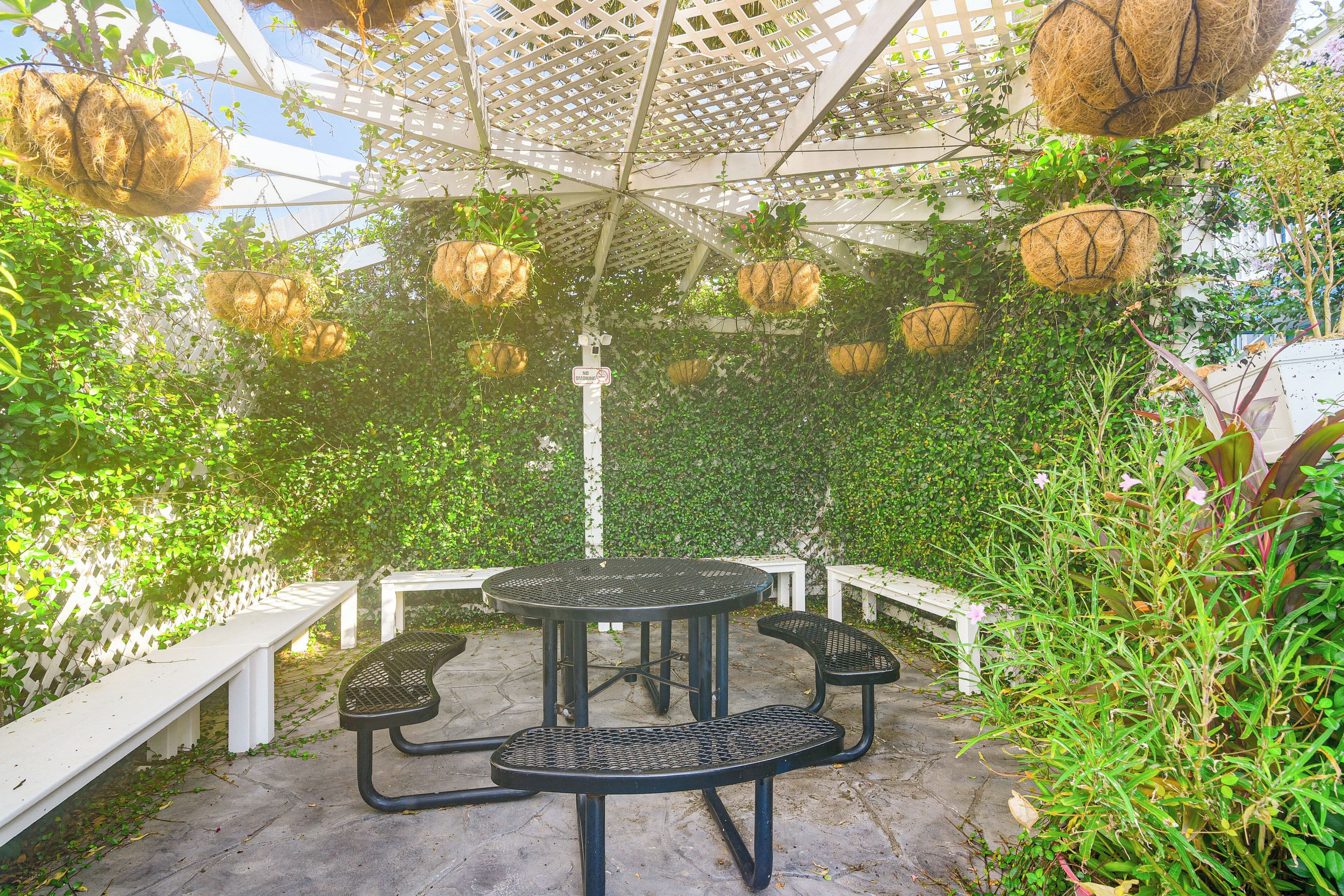 An outdoor patio with a round table and benches, surrounded by hanging planters and a white lattice structure.
