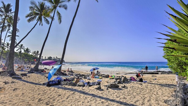 A beach with palm trees, a clear sky, and people relaxing on the sand. - 1 Mile to Magic Sands Beach: Kailua-kona Cottage (Kailua-Kona)