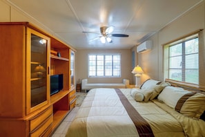 Un dormitorio con cama, televisor, armario, ventilador de techo y ventana con persianas.