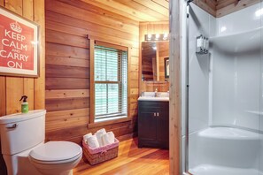 A wooden-paneled bathroom with a toilet, a sink, and a shower. - Dog-friendly Park Falls Cottage w/ 5 Acres & Lake (Park Falls)
