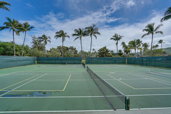 A tennis court with a net, surrounded by palm trees and a clear sky.
