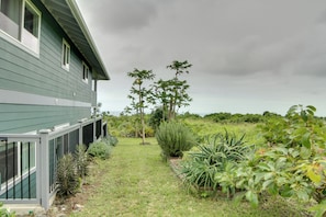 Et hus med grøn facade, en overdækket veranda og en velplejet have med forskellige planter og græsplæne.
