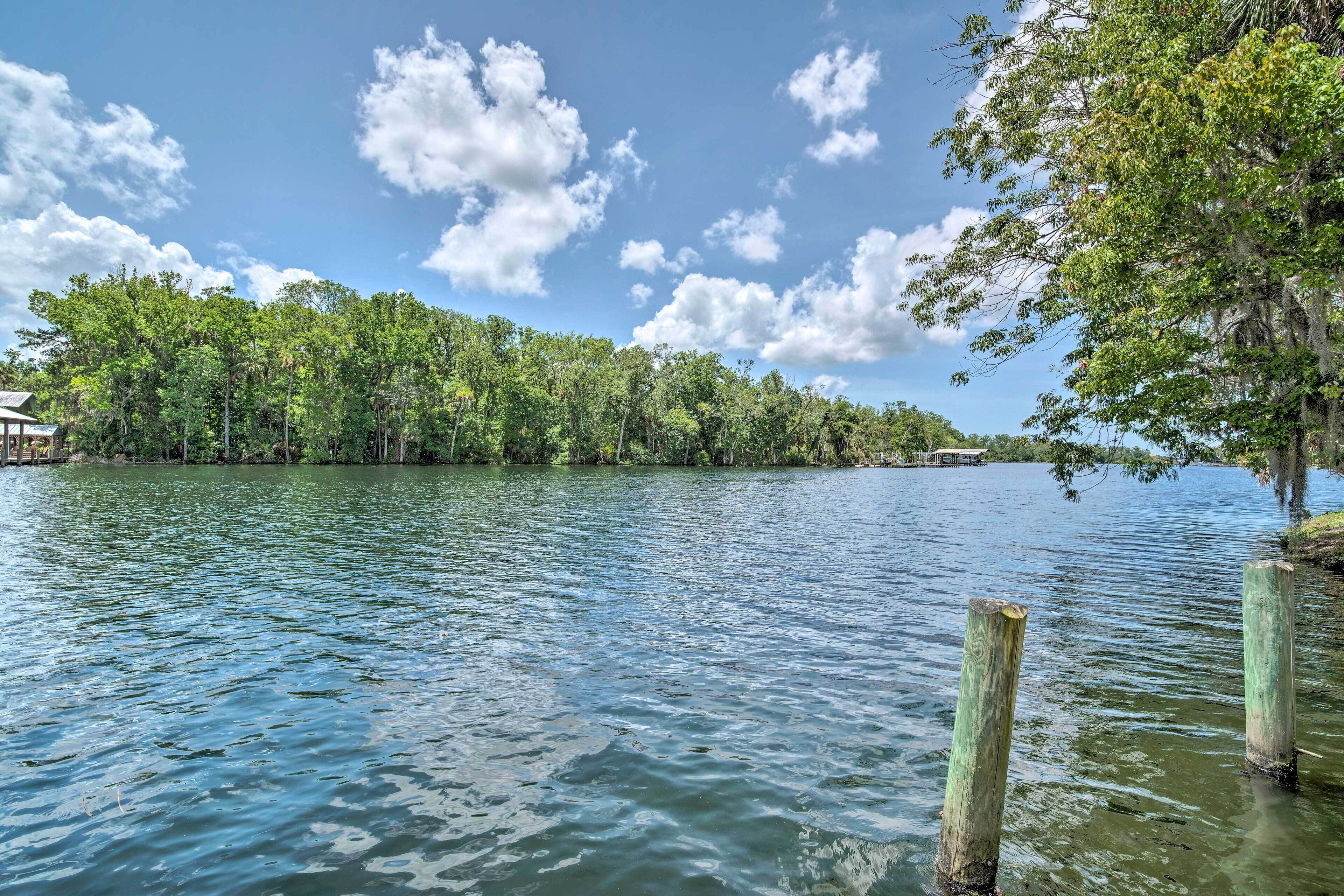 A calm lake with wooden posts in the foreground, surrounded by dense green trees and a clear sky.