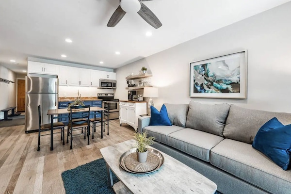 Modern and freshly remodeled living room with Queen Sleeper sofa