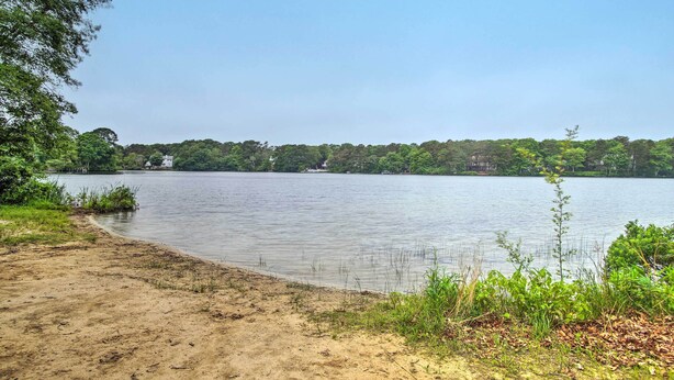 A sandy beach with a calm lake, surrounded by dense greenery and a few buildings in the distance.