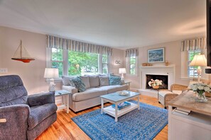 TV, fireplace, books