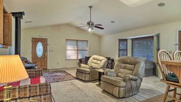 TV, fireplace, books