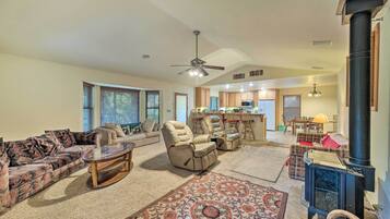 TV, fireplace, books