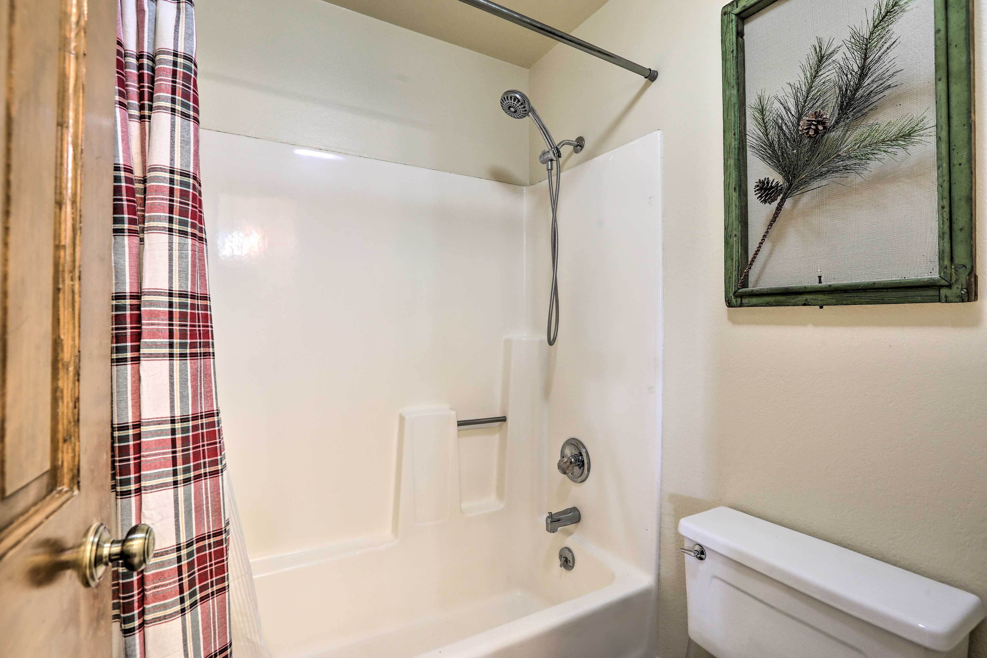 Une salle de bain avec douche, toilettes et une branche de pin décorative encadrée.