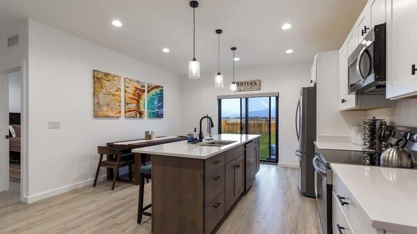 Fridge, microwave, oven, stovetop - Teton Solitude - Mountain Home w/ Hot Tub (Driggs)