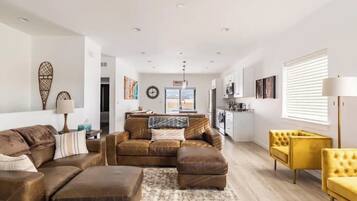 TV, fireplace, books, offices