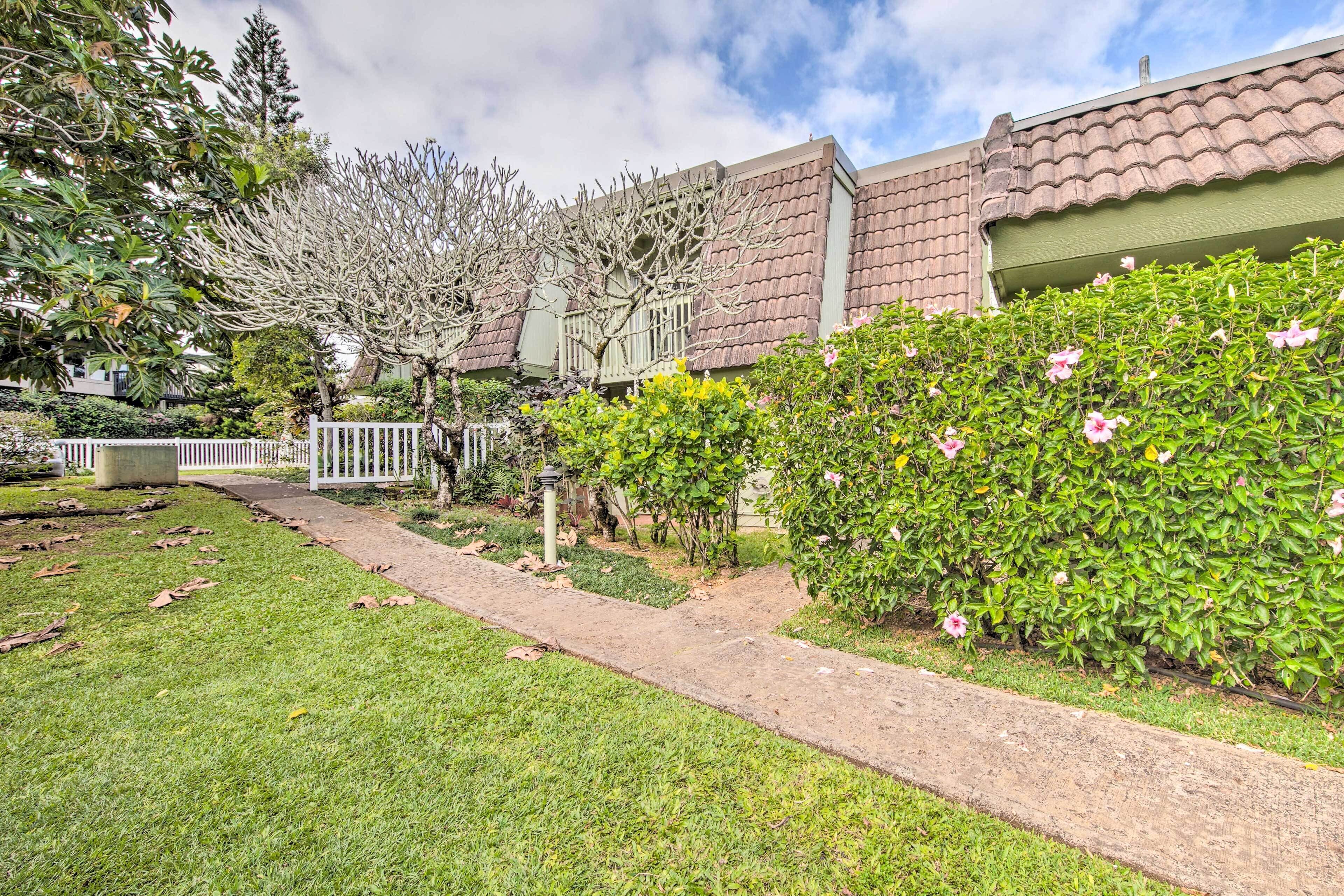A residential area with a well-maintained lawn, a pathway, and a white picket fence.