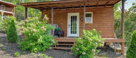 A wooden cabin with a porch, a door, and a satellite dish.