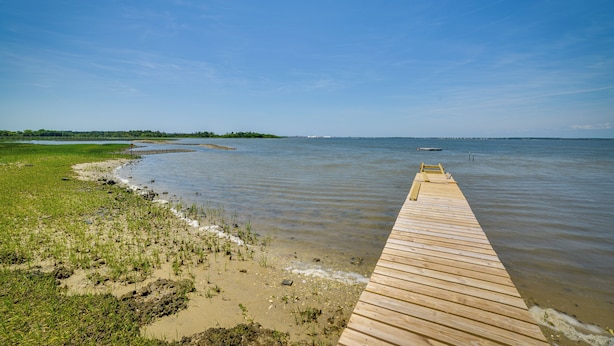 Eine hölzerne Pier, die sich über ruhiges Wasser in ein grasbewachsenes Ufer und die Ferne erstreckt.