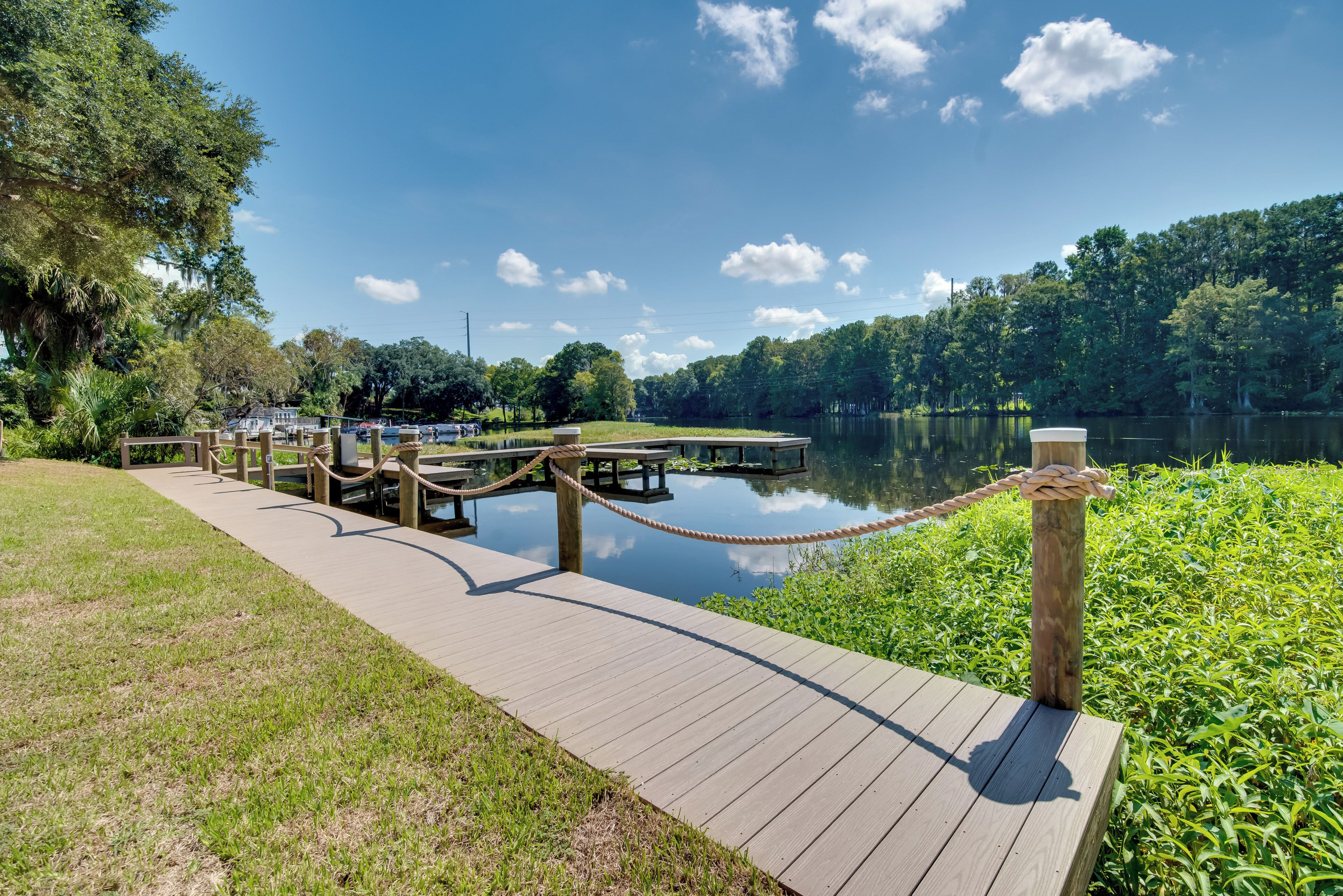 A wooden dock extending over a calm lake, surrounded by lush greenery and trees.