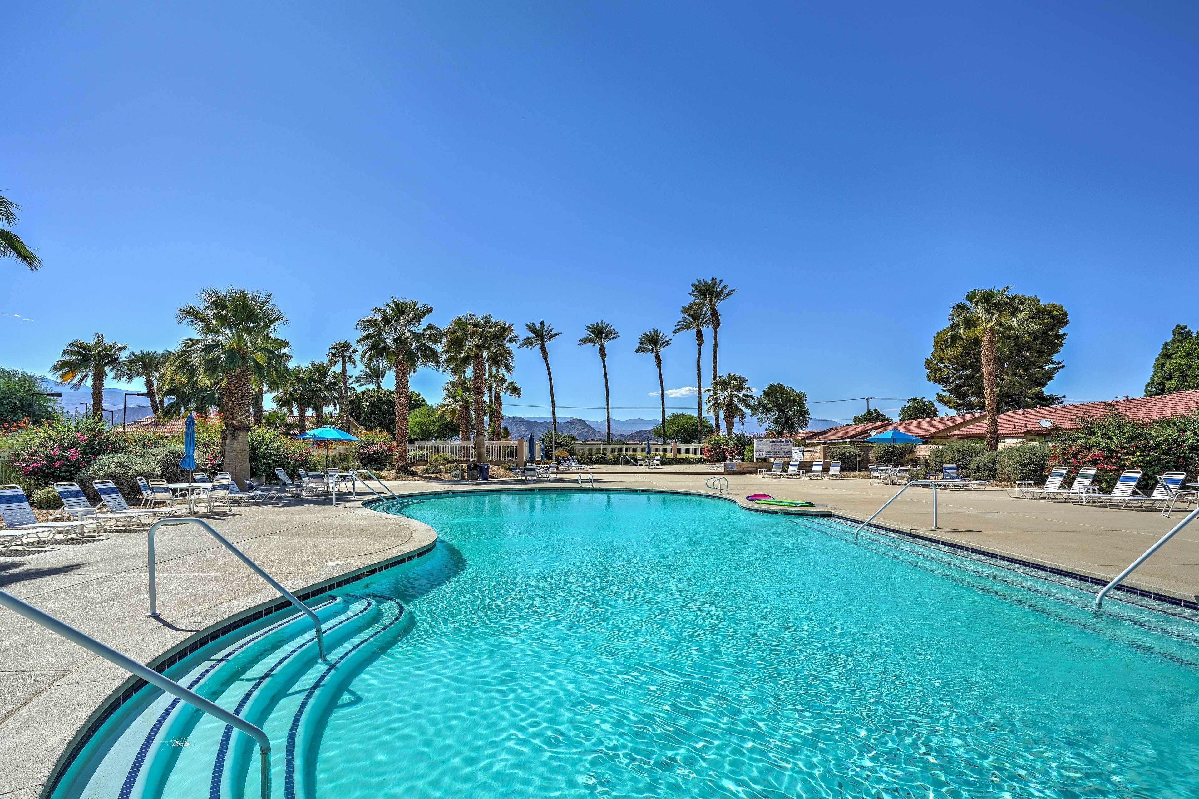 A swimming pool with clear blue water, surrounded by lounge chairs and palm trees.