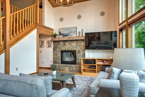 Télévision, cheminée, livres, chaîne hi-fi