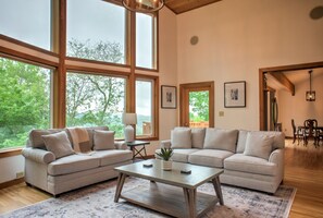 Télévision, cheminée, livres, chaîne hi-fi