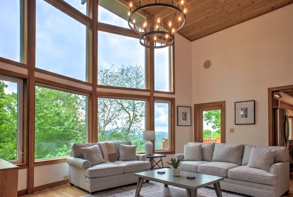 Télévision, cheminée, livres, chaîne hi-fi