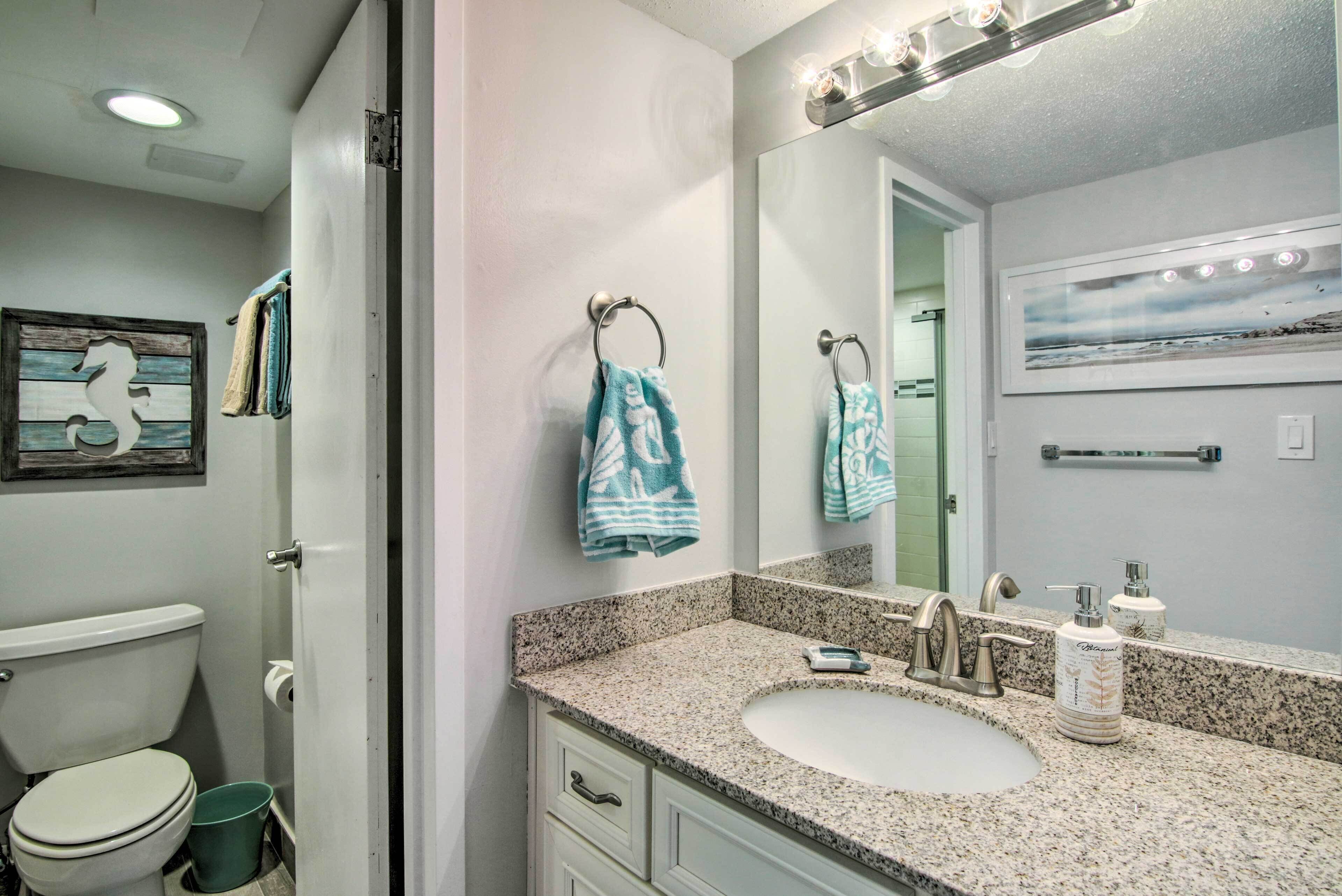 A bathroom with a white toilet, a granite sink, a large mirror, and a seahorse artwork on the wall.