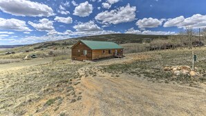 A wooden cabin with a green roof, surrounded by a gravel driveway and sparse vegetation, set against a backdrop of hills and a clear sky.
